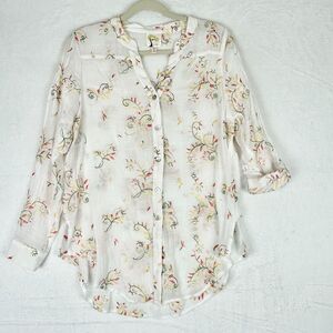 Fig And Flower Top Womens Large Floral Embroidered Gauze Long Sleeve White Boho